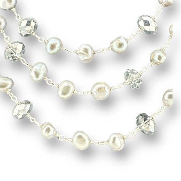 Layered Genuine Pearl & Faceted Glass Beads Link Necklace over Sterling Silver - Picture 4 of 9
